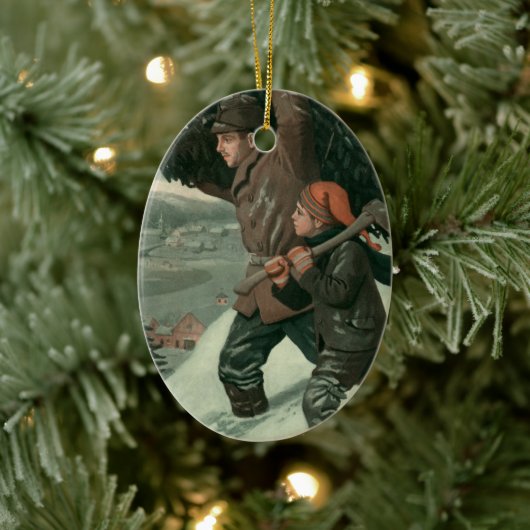 Weihnachten, Vater und Sohn schneiden Bäume ab Keramikornament (Baum)