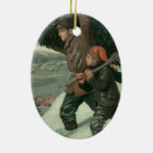 Weihnachten, Vater und Sohn schneiden Bäume ab Keramikornament (Hinten)