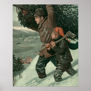 Weihnachten, Vater und Sohn schneiden Bäume ab Poster