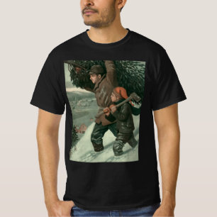 Weihnachten, Vater und Sohn schneiden Bäume ab T-Shirt