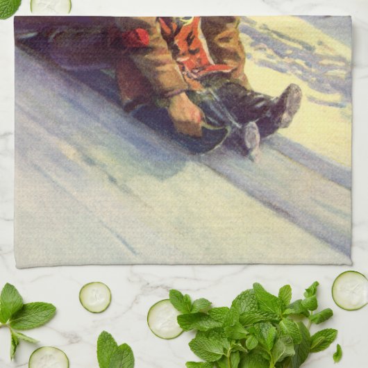 Weihnachten, Vater und Tochter Rodelbahn Geschirrtuch (Gefaltet)