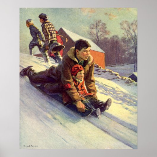 Weihnachten, Vater und Tochter Rodelbahn Poster (Vorne)