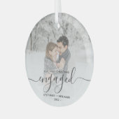 Weihnachten Verlobtes Foto Grau Skript Ornament Aus Glas (Vorderseite links)