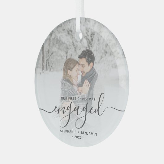 Weihnachten Verlobtes Foto Grau Skript Ornament Aus Glas (Vorderseite links)
