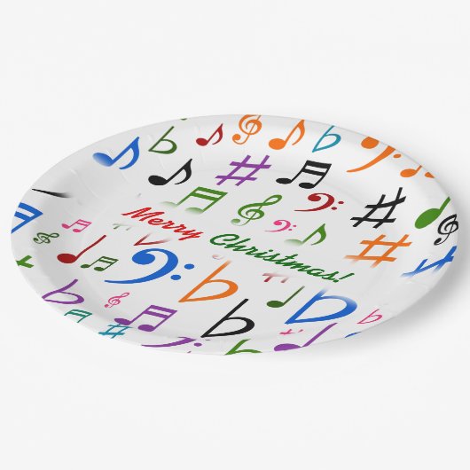 Weihnachten; Viel bunter Musiknoten und Symbole Pappteller (Schrägansicht)
