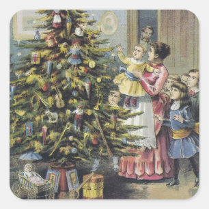 Weihnachten, Viktorianische Familie rund um Baum Quadratischer Aufkleber