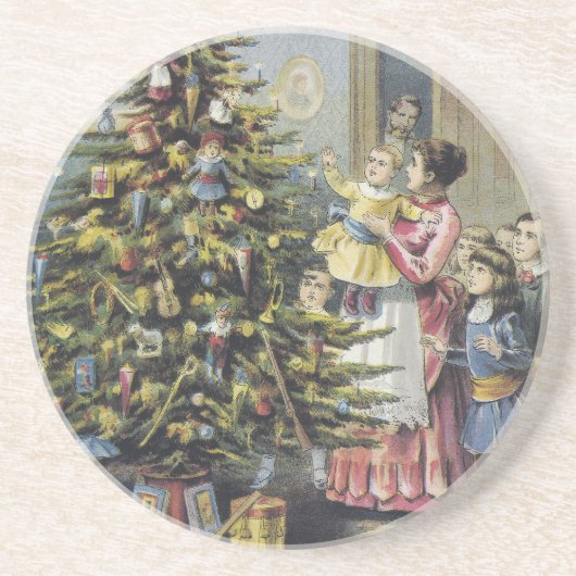 Weihnachten, Viktorianische Familie rund um Baum Sandstein Untersetzer (Vorne)