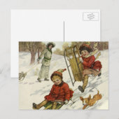 Weihnachten, Viktorianische Kinder Schlittenhund Feiertagspostkarte (Vorne/Hinten)