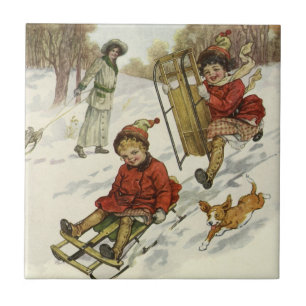 Weihnachten, Viktorianische Kinder Schlittenhund Fliese
