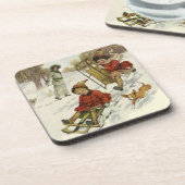 Weihnachten, Viktorianische Kinder Schlittenhund Getränkeuntersetzer (Linke Seite)