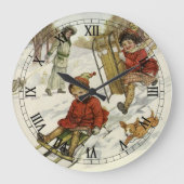 Weihnachten, Viktorianische Kinder Schlittenhund Große Wanduhr (Vorderseite)