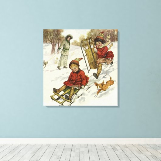 Weihnachten, Viktorianische Kinder Schlittenhund Leinwanddruck (Insitu (Holzboden))