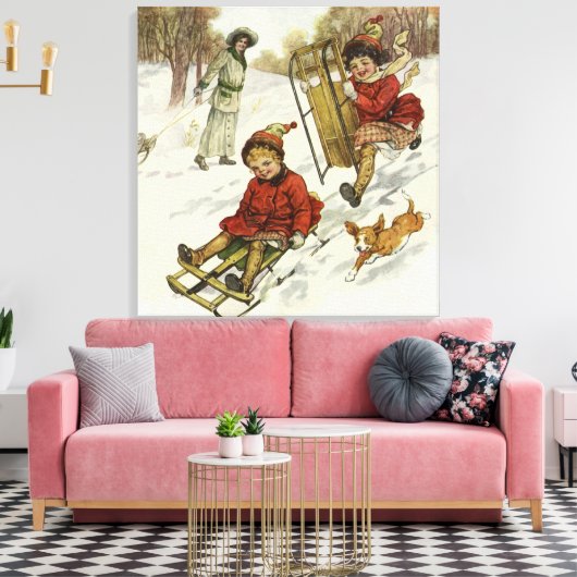 Weihnachten, Viktorianische Kinder Schlittenhund Leinwanddruck (Insitu (Wohnzimmer))