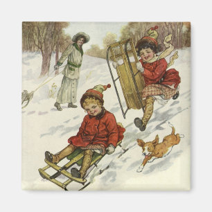 Weihnachten, Viktorianische Kinder Schlittenhund Magnet