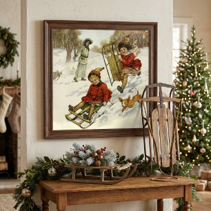 Weihnachten, Viktorianische Kinder Schlittenhund Poster