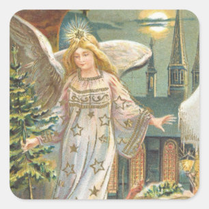 Weihnachten, Viktorianischer Engel mit Baum Quadratischer Aufkleber