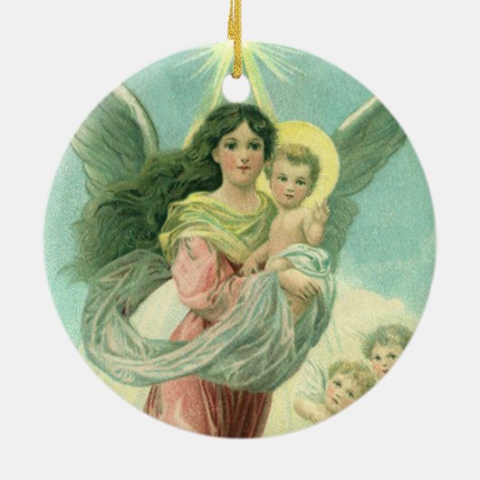 Weihnachten, Viktorianischer Engel mit dem Jungen Keramik Ornament (Hinten)