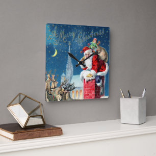 Weihnachten Viktorianischer Weihnachtsmann am Kami Quadratische Wanduhr