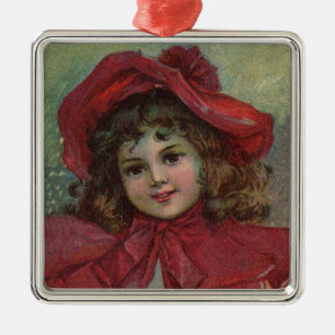 Weihnachten viktorianisches Kind roter Hut Mädchen Silbernes Ornament