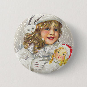 Weihnachten Viktorianisches Mädchen mit Puppe im S Button