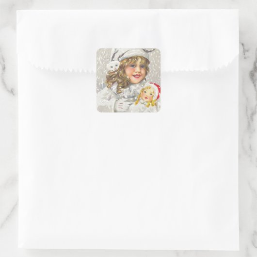 Weihnachten Viktorianisches Mädchen mit Puppe im S Quadratischer Aufkleber (Tasche)