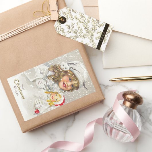 Weihnachten Viktorianisches Mädchen mit Puppe im S Rechteckiger Aufkleber (Schenken)