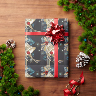 Weihnachten Vintage Blau Silber Glocken Gold Bogen Geschenkpapier