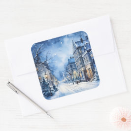 Weihnachten Vintage Dorfszene Blau Quadratischer Aufkleber