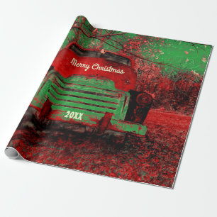 Weihnachten Vintage Helles Rot Grün Rustikaler LKW Geschenkpapier