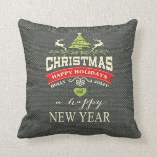 Weihnachten Vintage Hirsch Wortkunst Jute grau Kissen