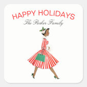Weihnachten Vintage Retro-Frau im Kleid Quadratischer Aufkleber (Vorderseite)