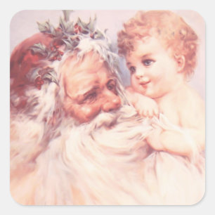 Weihnachten Vintage Santa Claus hält Kind Quadratischer Aufkleber