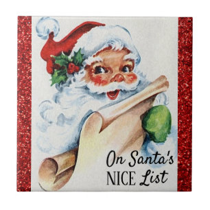 Weihnachten Vintage Santa Nice List roter Glitter Fliese