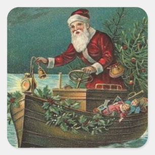 Weihnachten Vintage Weihnachtsmann in einem Boot Quadratischer Aufkleber