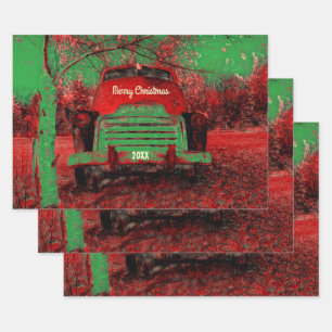 Weihnachten Vintager Hellrot Grün Rustikaler LKW Geschenkpapier Set