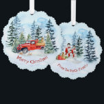 Weihnachten Vintager Red Truck Snowman Ornament Karte<br><div class="desc">Eine schöne warme und gemütliche Winterszene mit einem alten roten LKW voller Geschenke und einem Weihnachtsbaum,  der Ihnen frohe Weihnachtswünsche bringt. Auf der Rückseite schickt eine Schneemannsfamilie die Grüße an Ihre Freunde.</div>