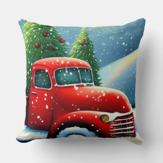 Weihnachten Vintager Roter LKW und Schneebäume Kissen