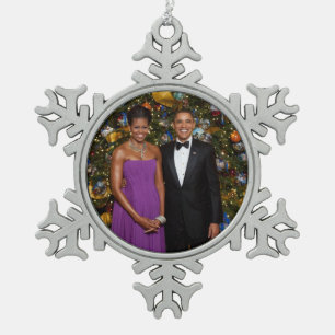 Weihnachten von Präsident Barack Obama und Michell Schneeflocken Zinn-Ornament