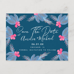 Weihnachten Wasserfarbe Beere Blau Save the Date Postkarte