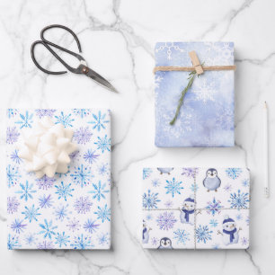 Weihnachten Wasserfarbe Blaue Schneeflocke Geschenkpapier Set