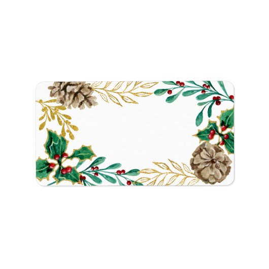 Weihnachten Wasserfarbe Gold Pine Holly Grüne Adressaufkleber (Vorne)