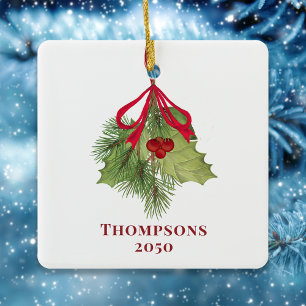 Weihnachten Wasserfarbe Holly Berries Grüne Einfac Keramikornament