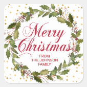 Weihnachten Wasserfarbe Holly Wreath Gold Red Whit Quadratischer Aufkleber (Vorderseite)