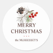Weihnachten Wasserfarbe Pine Cone Berries Name Runder Aufkleber (Vorderseite)