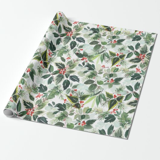 Weihnachten Wasserfarben Foliage Holly Berry Geschenkpapier (Ungerollt)