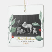 Weihnachten Wasserfarben Grün & Berry Keramikornament (Links)