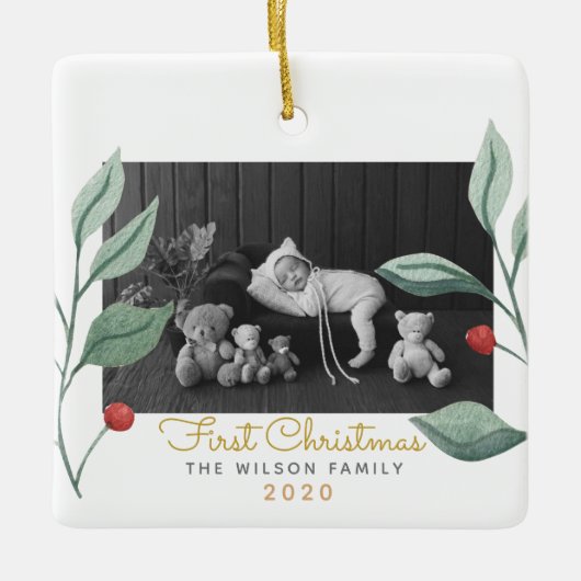 Weihnachten Wasserfarben Grün & Berry Keramikornament (Vorderseite)