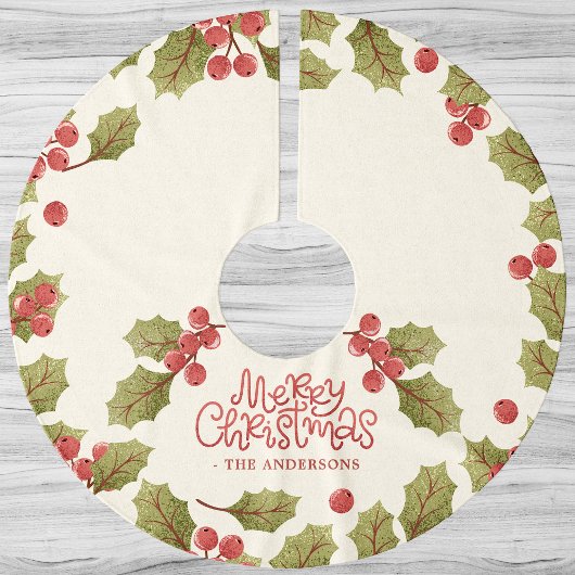 Weihnachten Wasserfarben Holly Verlasse Monogramm Polyester Weihnachtsbaumdecke