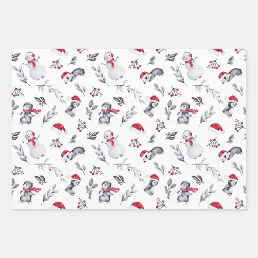 Weihnachten Wasserfarbene Pinguine Sleigh Tree Geschenkpapier Set (Vorderseite)