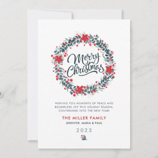 Weihnachten Wasserfarbengrün Berry Wreath Script (Vorderseite)
